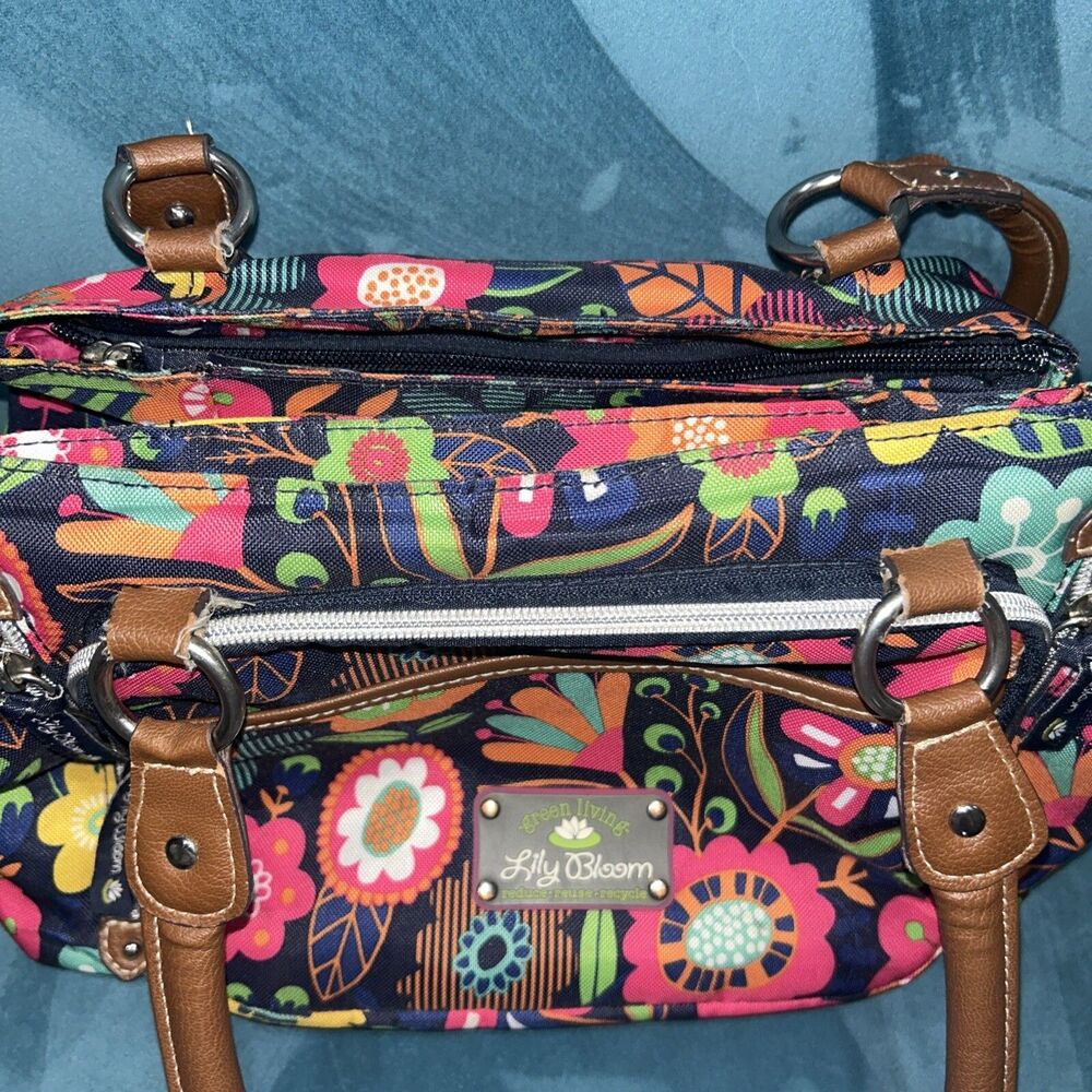 Lily Bloom Maggie Satchel Handbag Playful Garden Print Triple Pocket Recycled